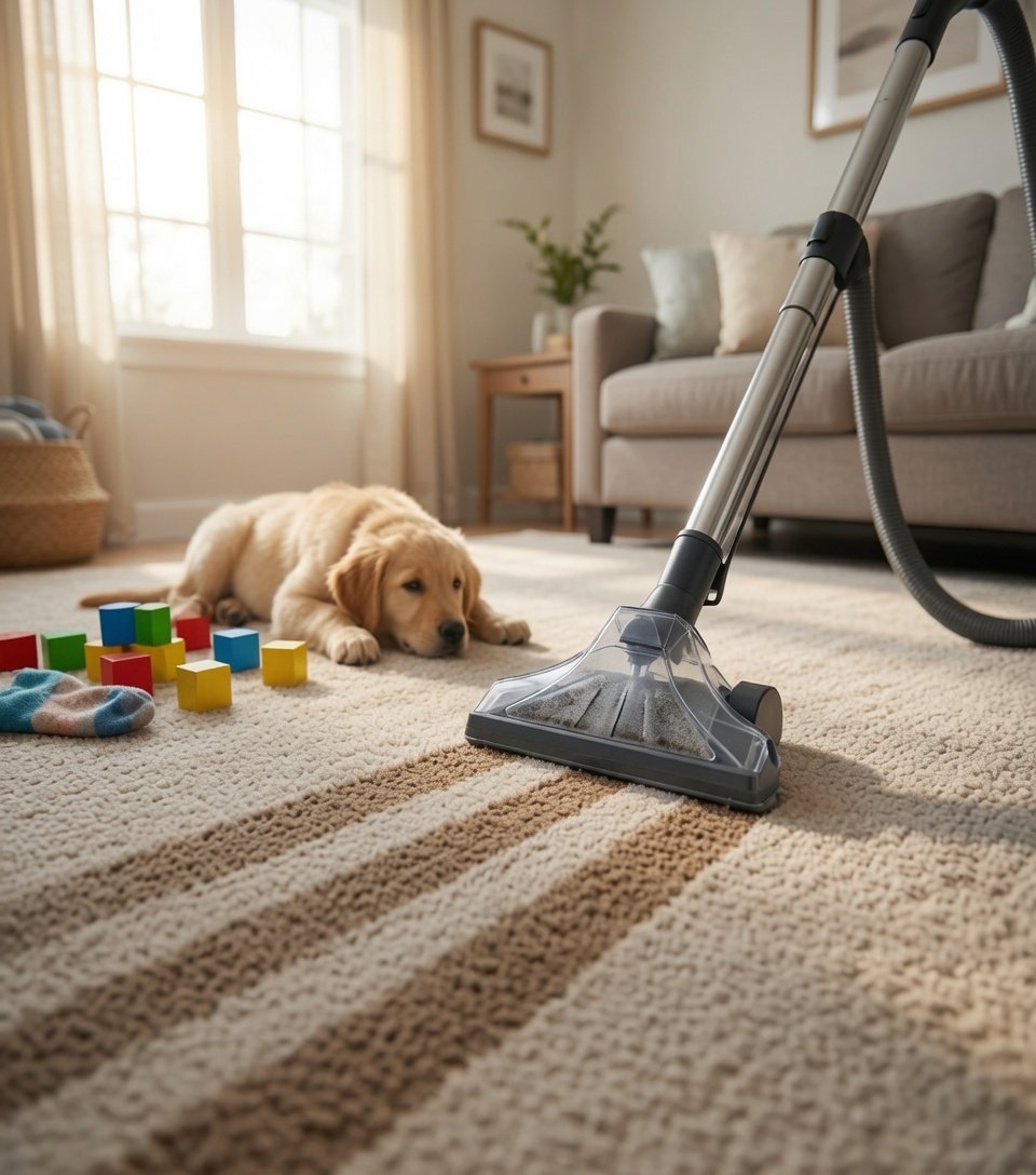 Vacuuming a clean living room carpet with a puppy nearby