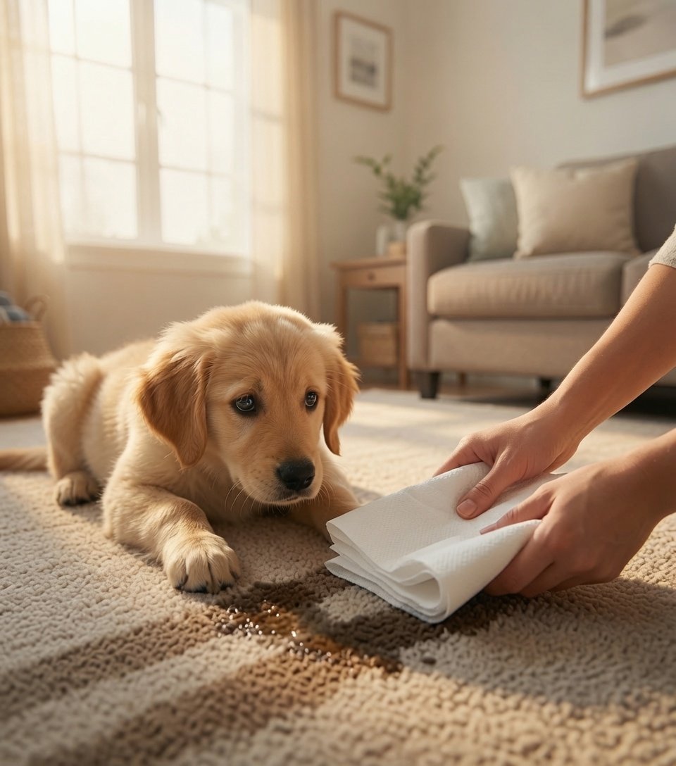Blotting a pet accident on carpet next to a golden retriever puppy