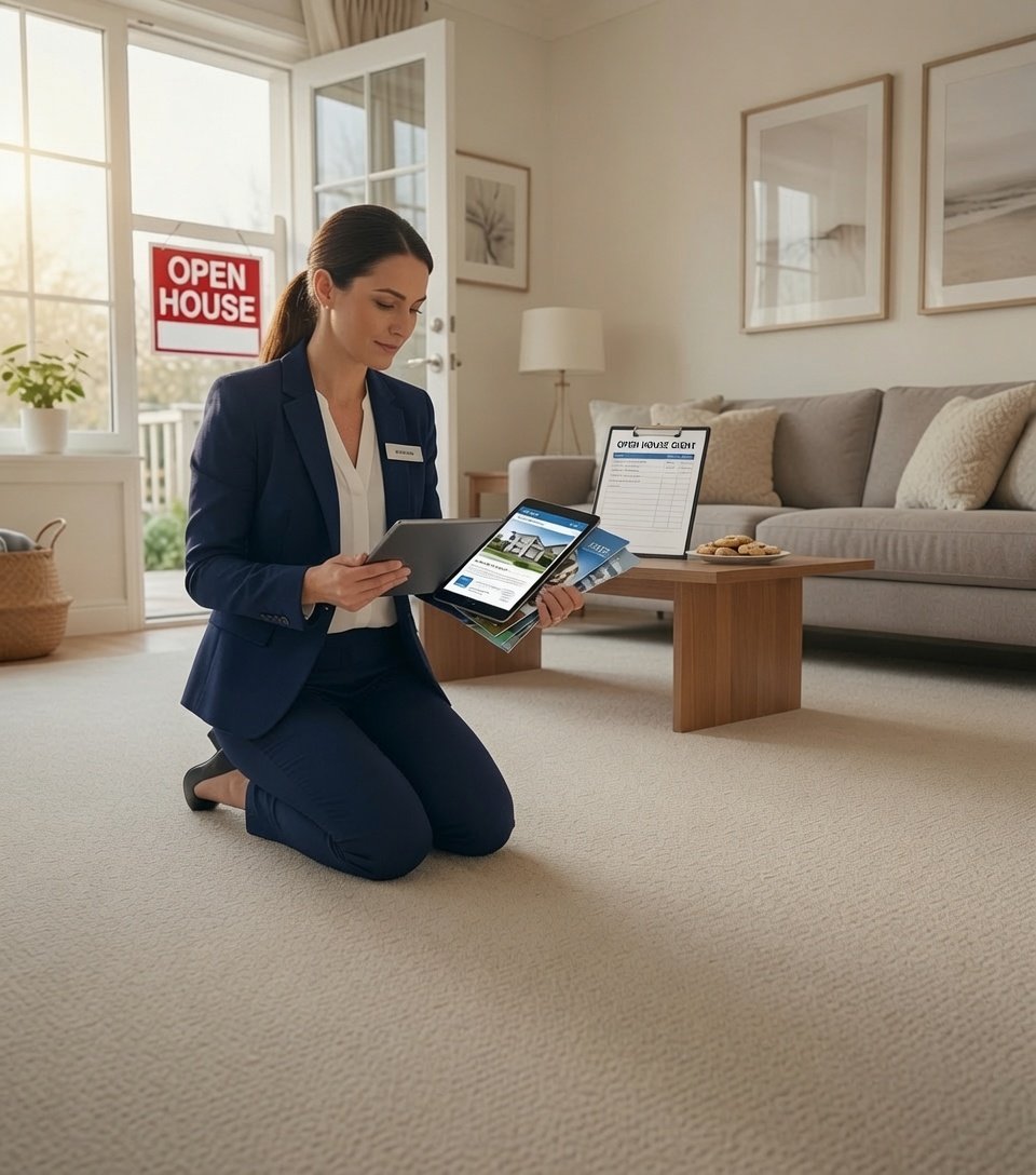 Real estate agent in a freshly cleaned open-house living room